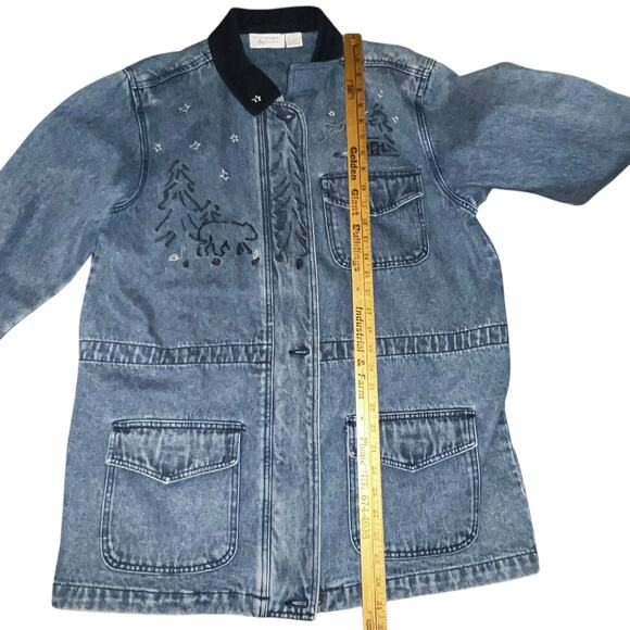Christopher & Banks Denim and Corduroy  rustic holiday embroidered coat sz Med - Picture 6 of 9